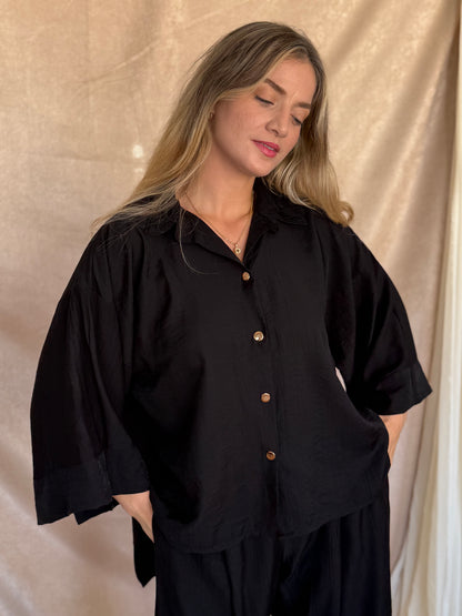 ENSEMBLE EN LIN FROISSE NOIR