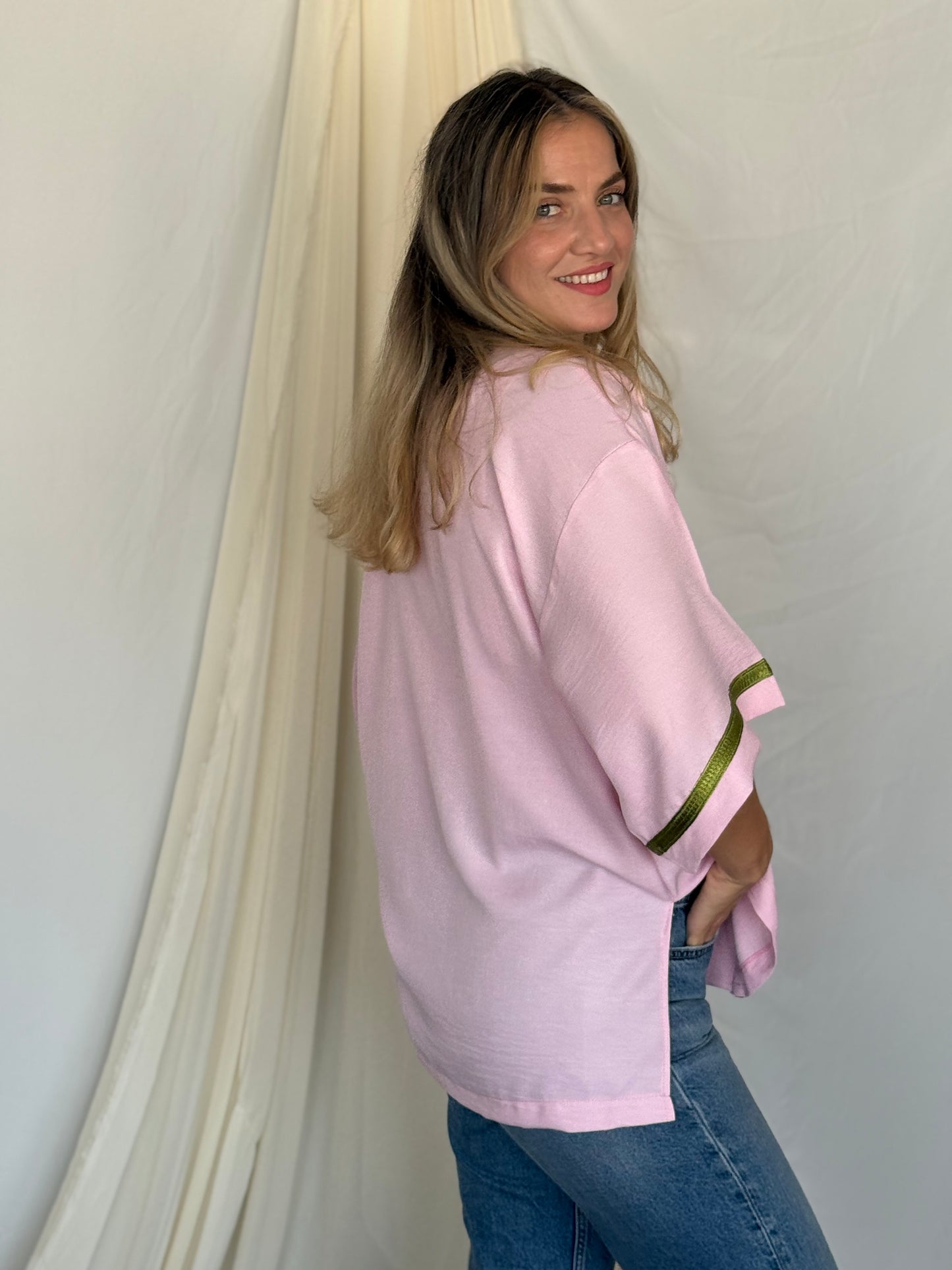 KIMONO EN LIN ROSE GALON VERT