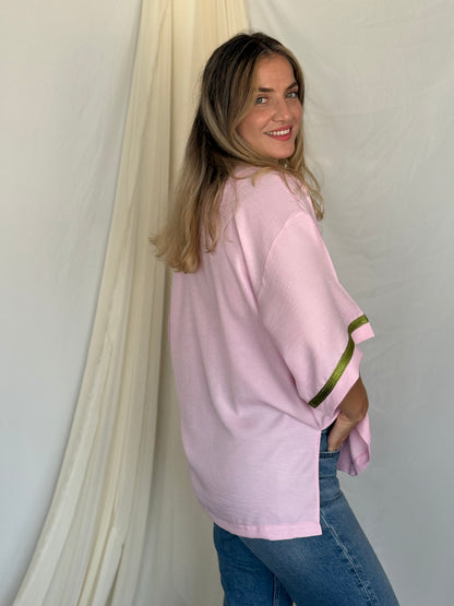KIMONO EN LIN ROSE GALON VERT