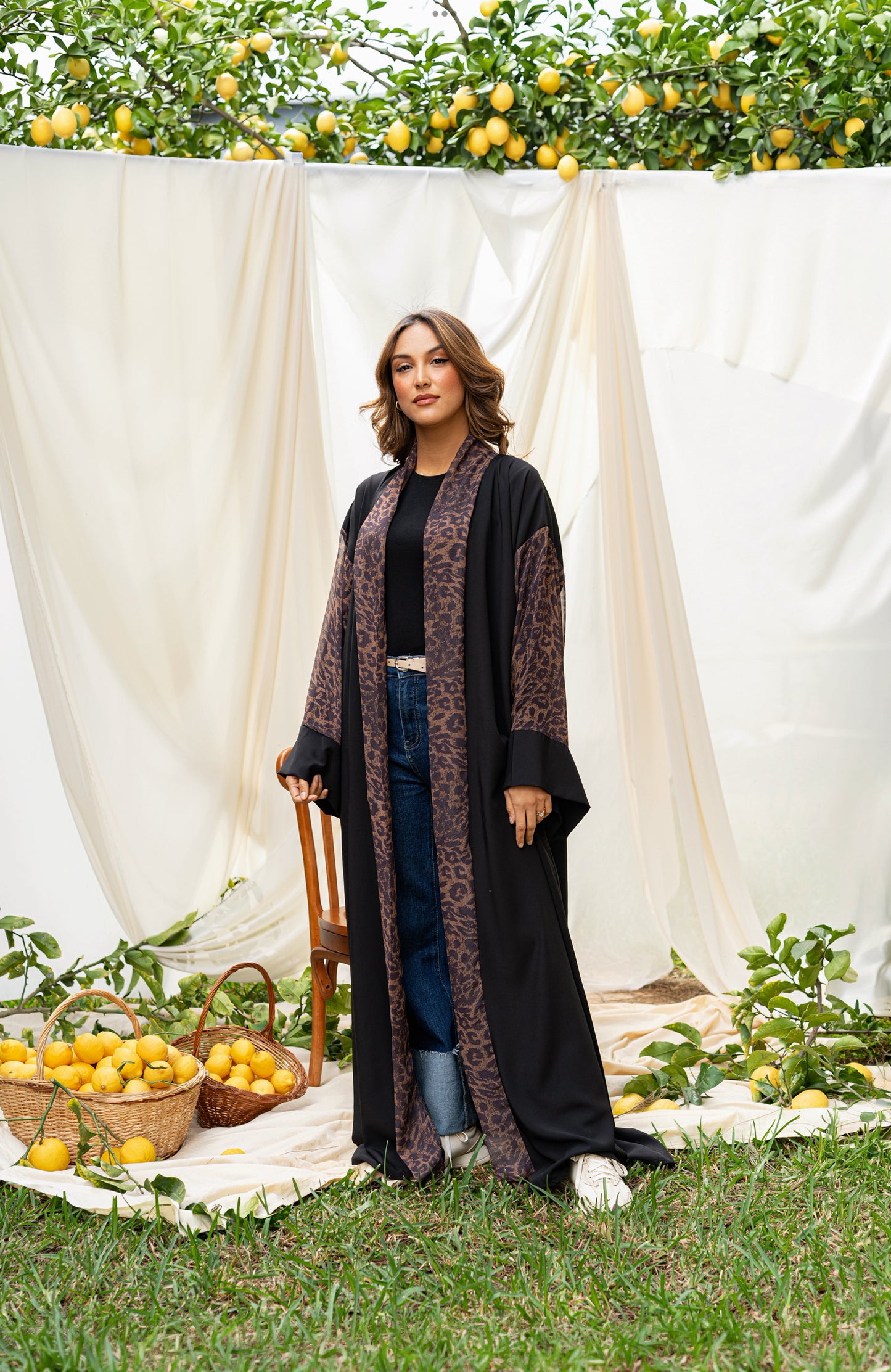 ABAYA NOIR MOUSSELINE LEOPARD