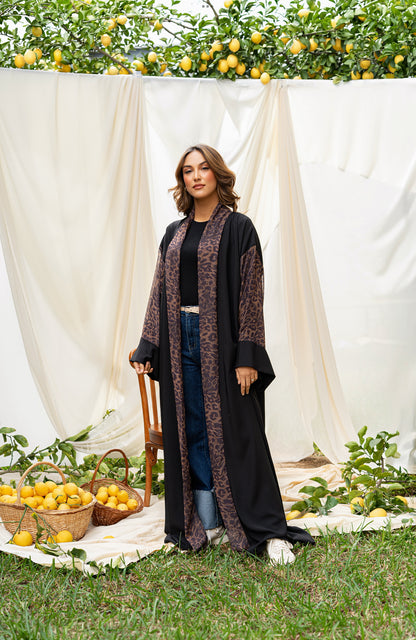 ABAYA NOIR MOUSSELINE LEOPARD