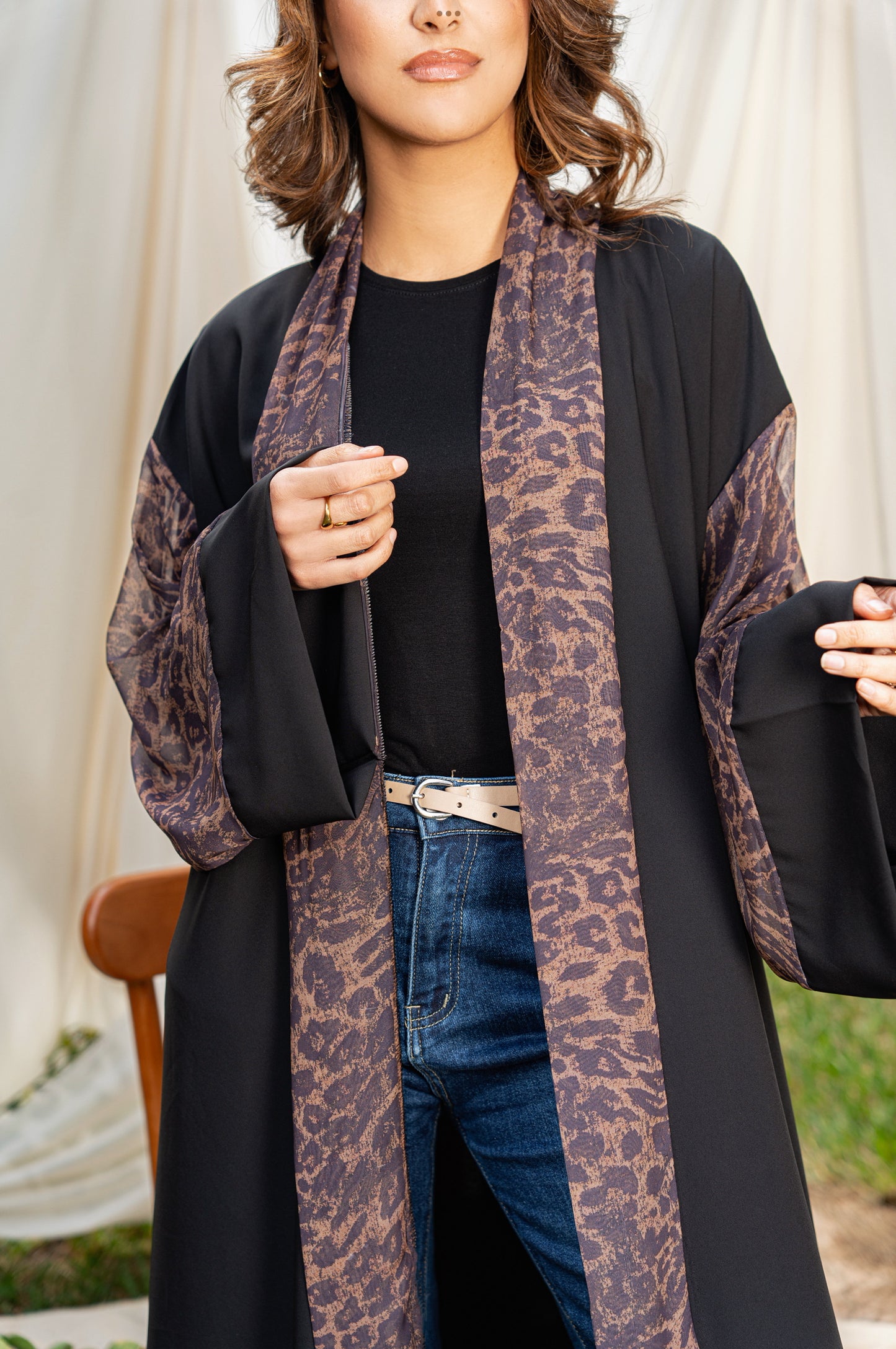 ABAYA NOIR MOUSSELINE LEOPARD