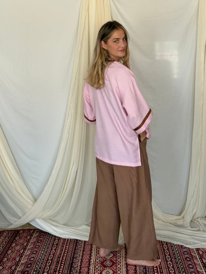 KIMONO EN LIN ROSE GALON MARRON