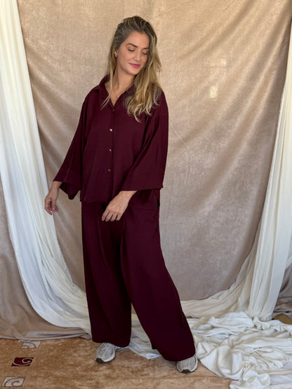 ENSEMBLE EN LIN FROISSE BORDEAUX