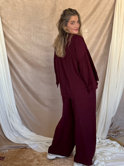 ENSEMBLE EN LIN FROISSE BORDEAUX
