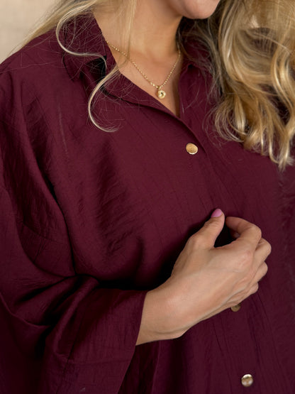 ENSEMBLE EN LIN FROISSE BORDEAUX