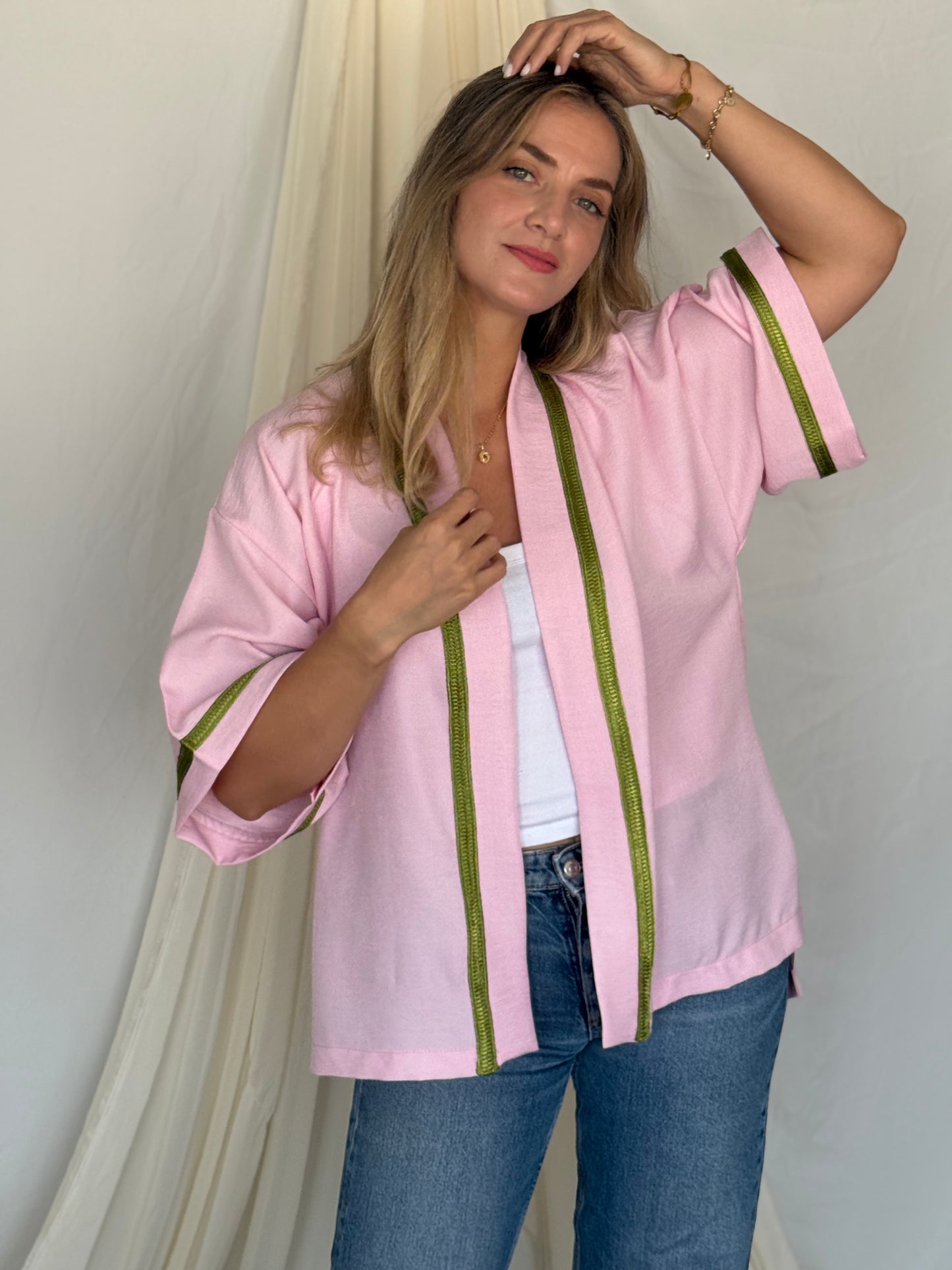 KIMONO EN LIN ROSE GALON VERT