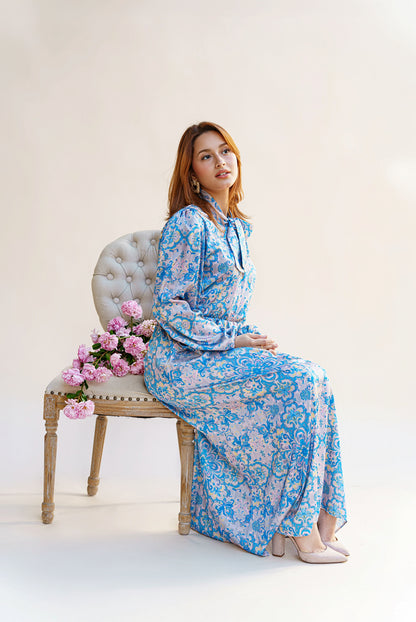 ROBE COL CRAVATE BLEU