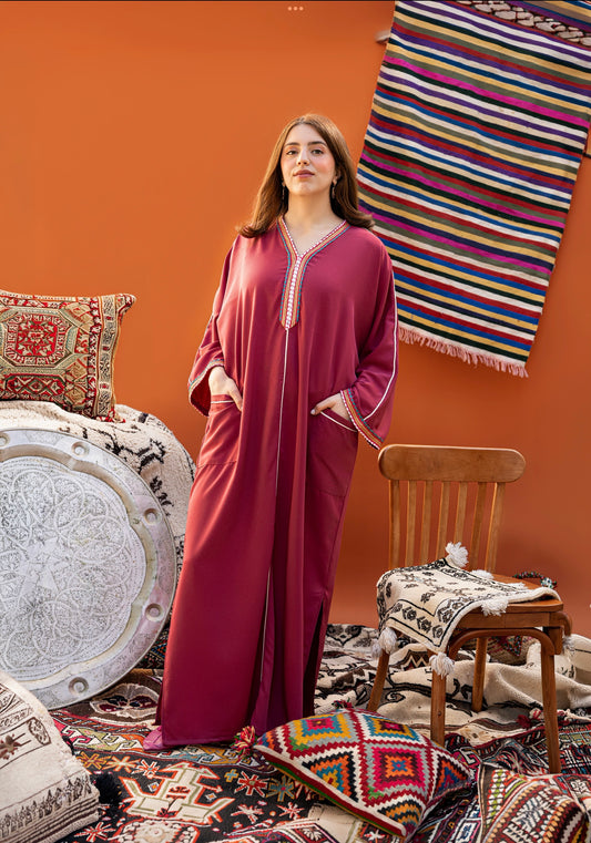 DJELLABA À POCHE ROSE GALON VERT