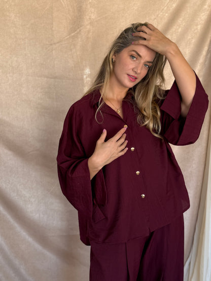 ENSEMBLE EN LIN FROISSE BORDEAUX