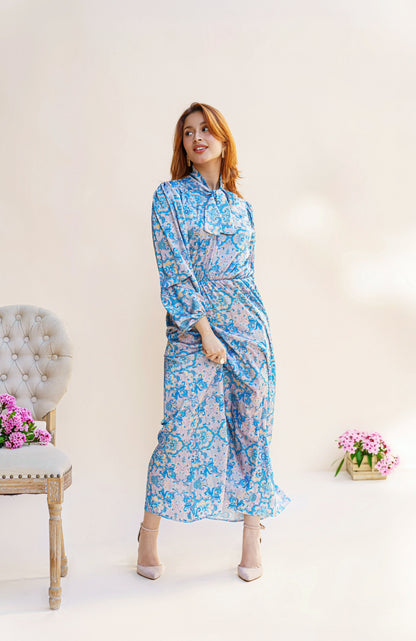 ROBE COL CRAVATE BLEU