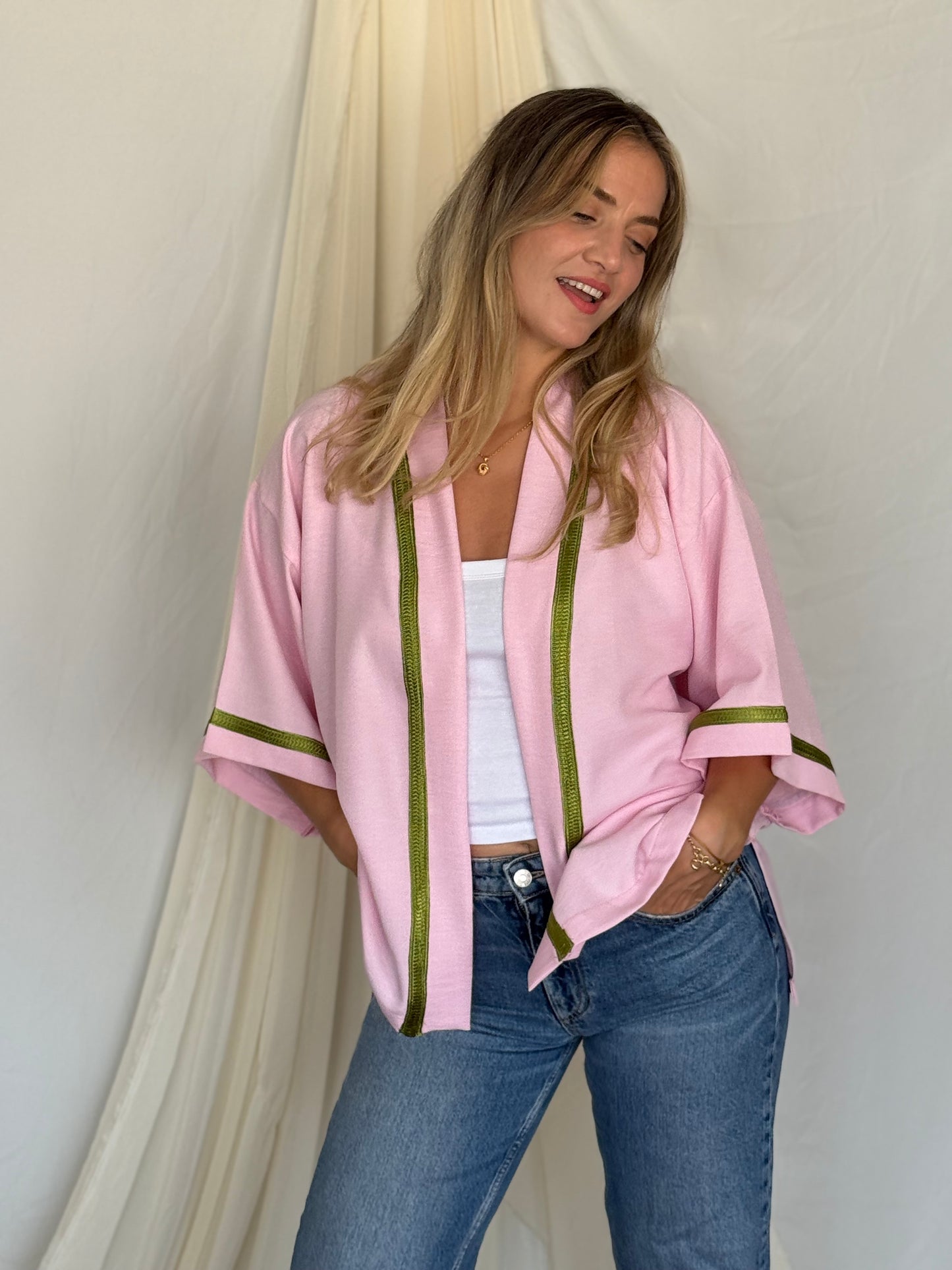 KIMONO EN LIN ROSE GALON VERT
