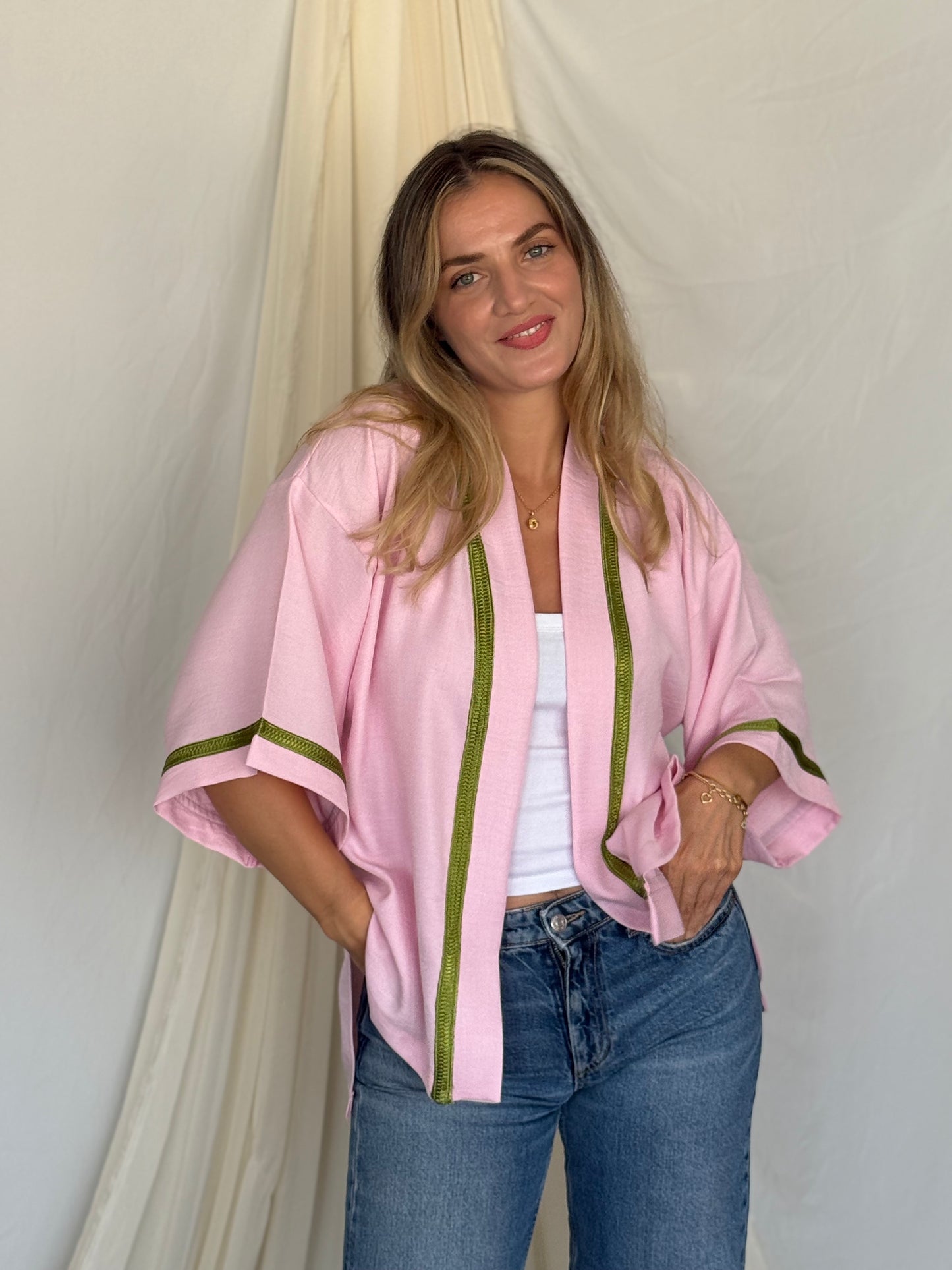 KIMONO EN LIN ROSE GALON VERT