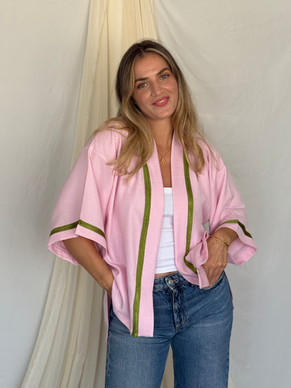 KIMONO EN LIN ROSE GALON VERT
