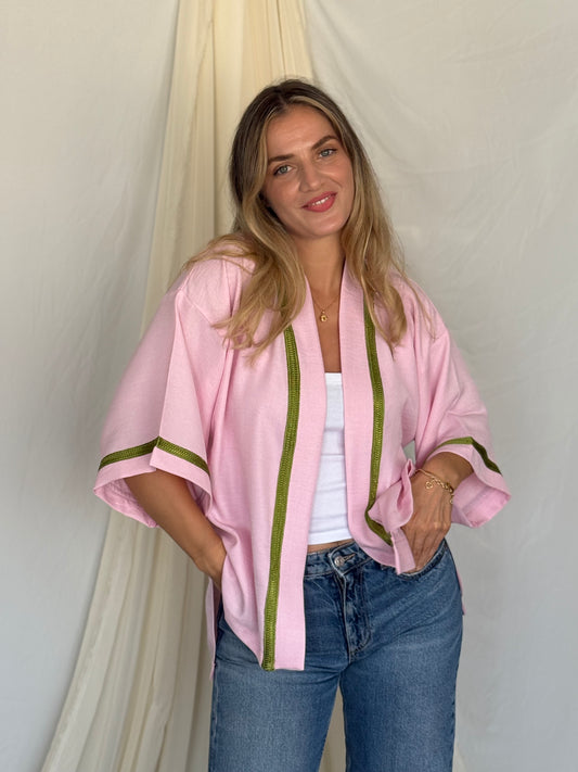 KIMONO EN LIN ROSE GALON VERT