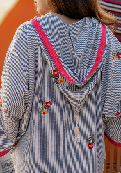 DJELLABA EN LIN À CAPUCHE A FLEURS