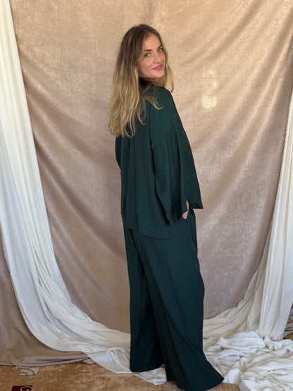 ENSEMBLE EN LIN FROISSE VERT