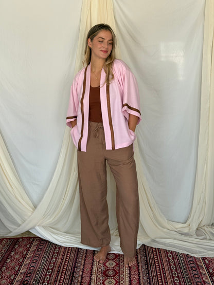 KIMONO EN LIN ROSE GALON MARRON