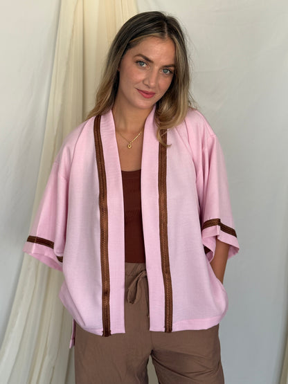 KIMONO EN LIN ROSE GALON MARRON