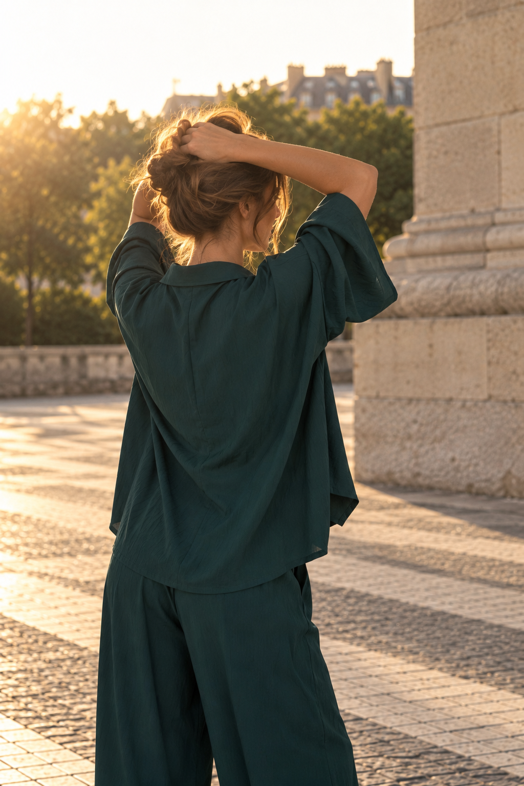 ENSEMBLE EN LIN FROISSE VERT