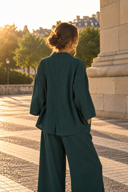 ENSEMBLE EN LIN FROISSE VERT