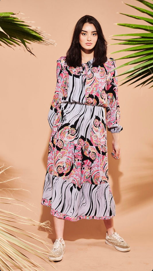 ROBE VOLANTS A MOTIFS GRISE
