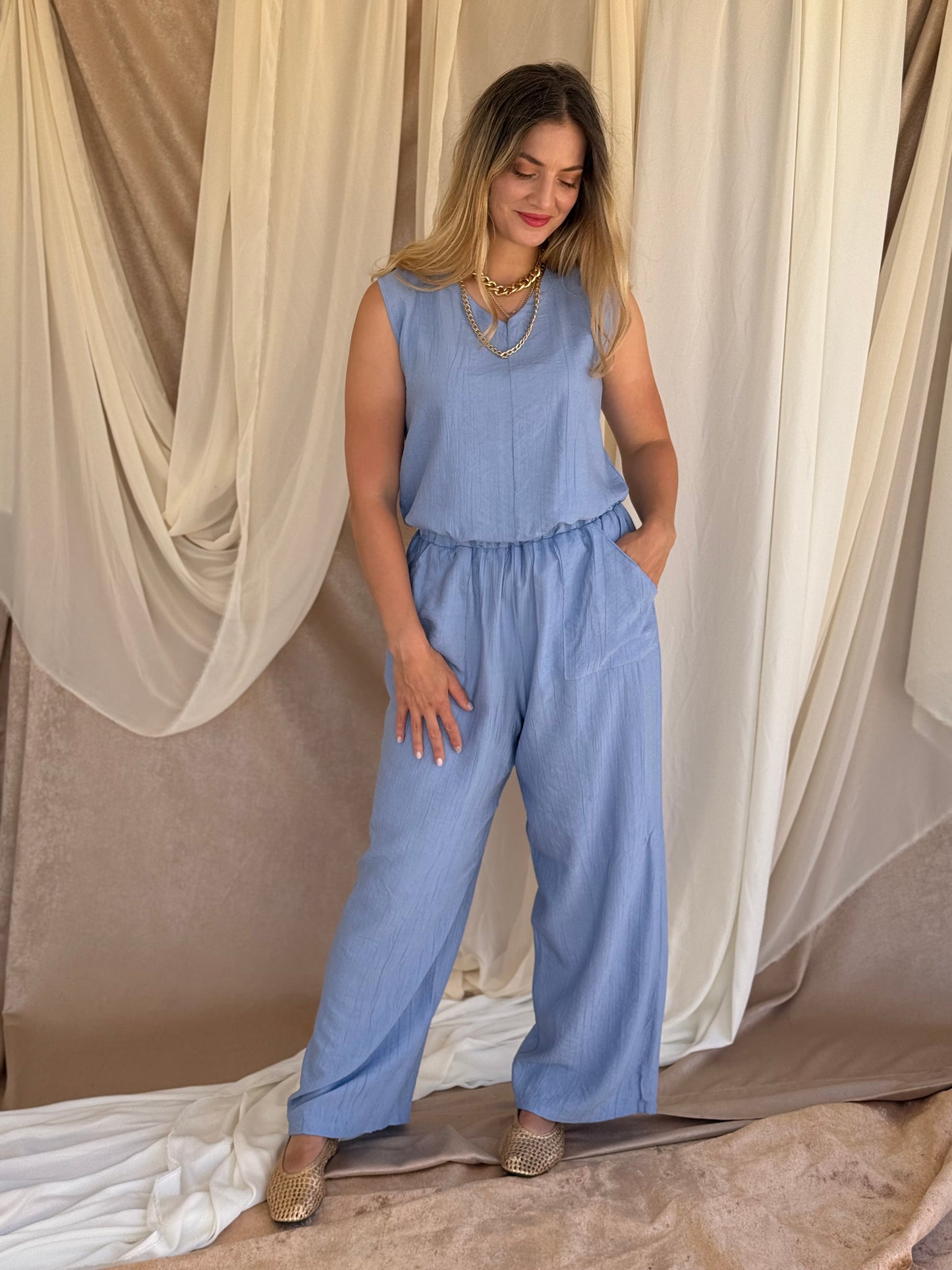 ENSEMBLE SANS MANCHES BLEU