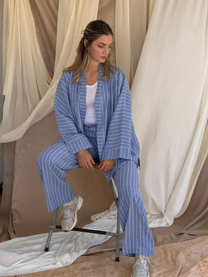 ENSEMBLE EN LIN A RAYURES BLEU