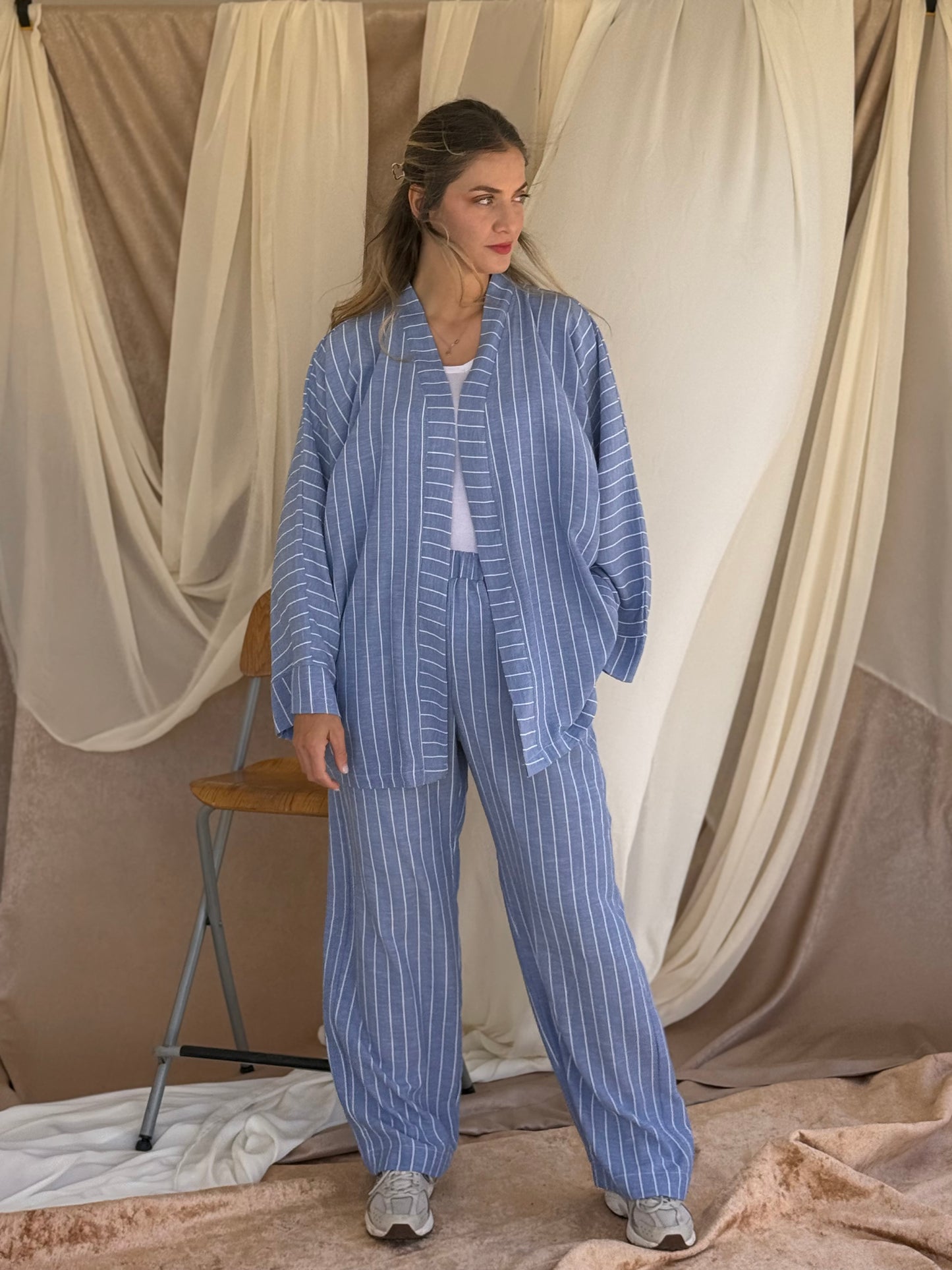 ENSEMBLE EN LIN A RAYURES BLEU