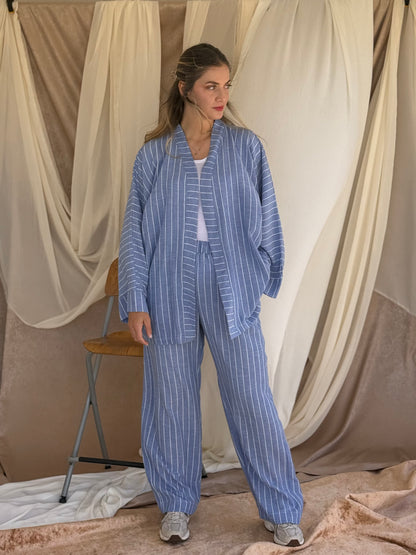 ENSEMBLE EN LIN A RAYURES BLEU