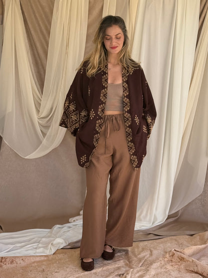 ENSEMBLE KIMONO BRODE MARRON FONCEE