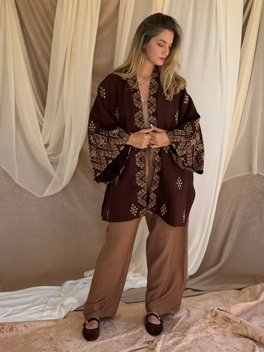 ENSEMBLE KIMONO BRODE MARRON FONCEE