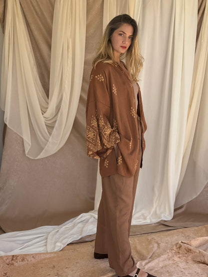 ENSEMBLE KIMONO BRODE MARRON CLAIRE