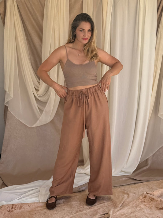 PANTALON EN LIN MARRON CLAIRE