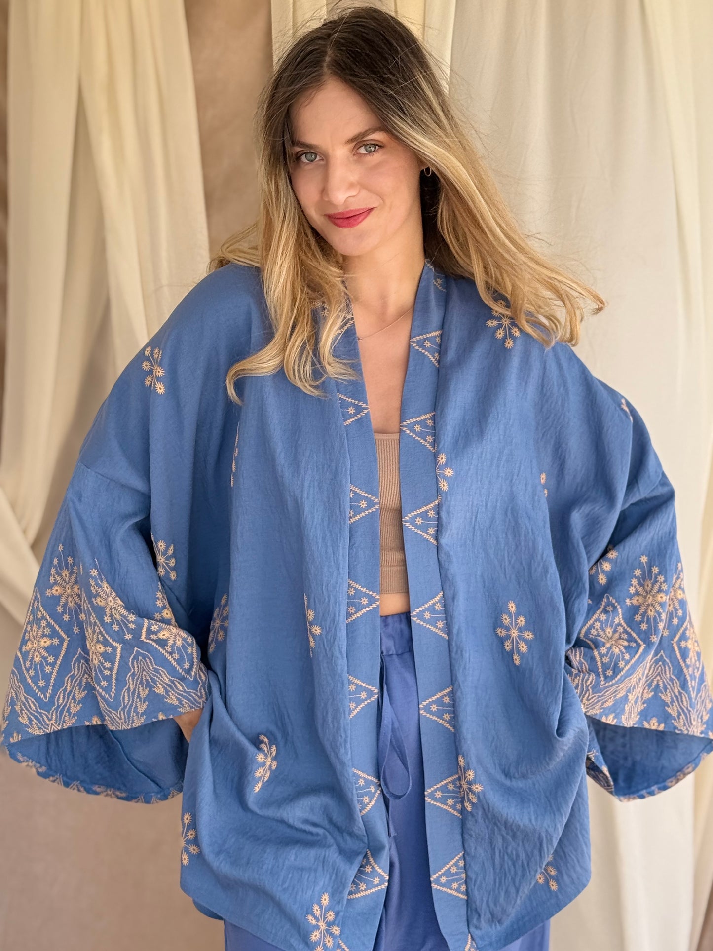 ENSEMBLE KIMONO BRODE BLEU