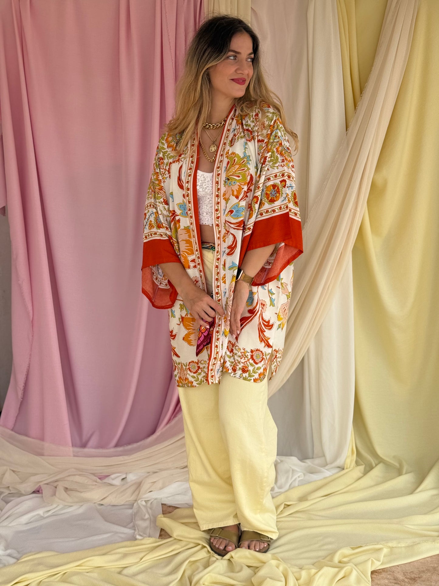KIMONO A FLEURS ORANGE