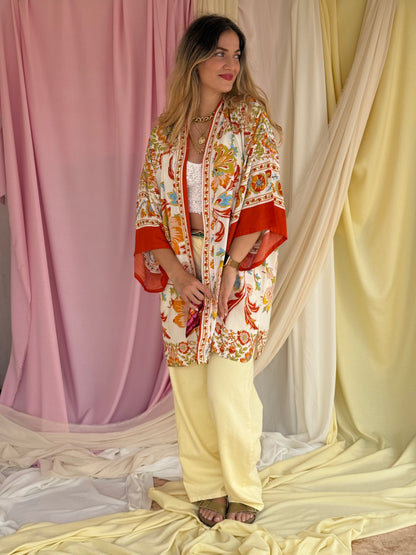 KIMONO A FLEURS ORANGE