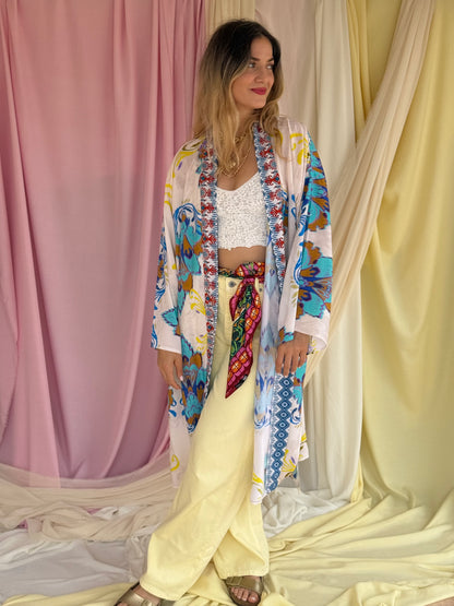 KIMONO FLORA LONG BLEU