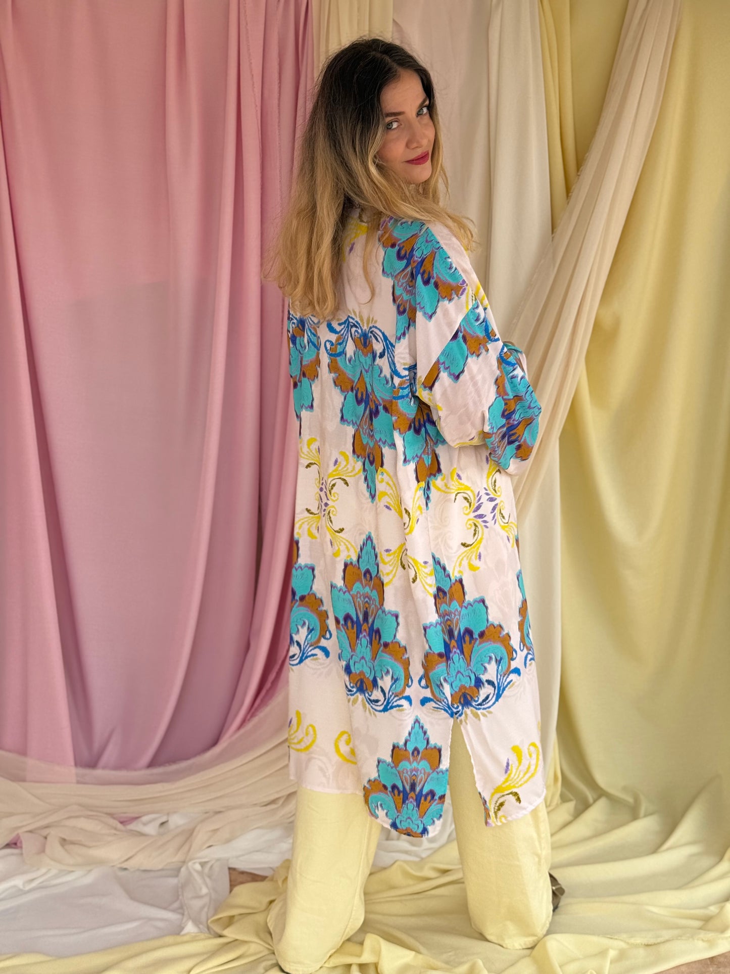 KIMONO FLORA LONG BLEU
