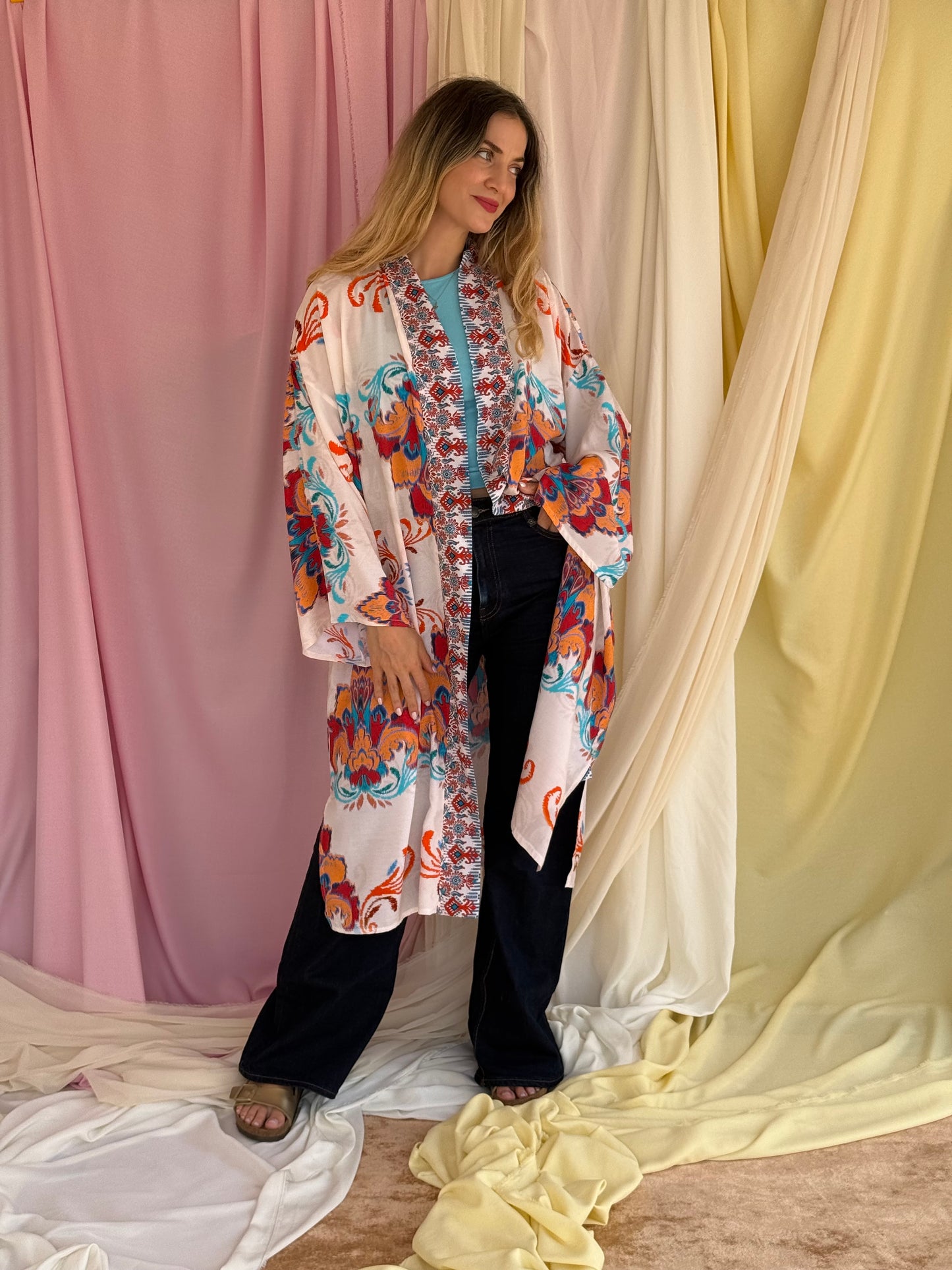 KIMONO FLORA LONG ROUGE
