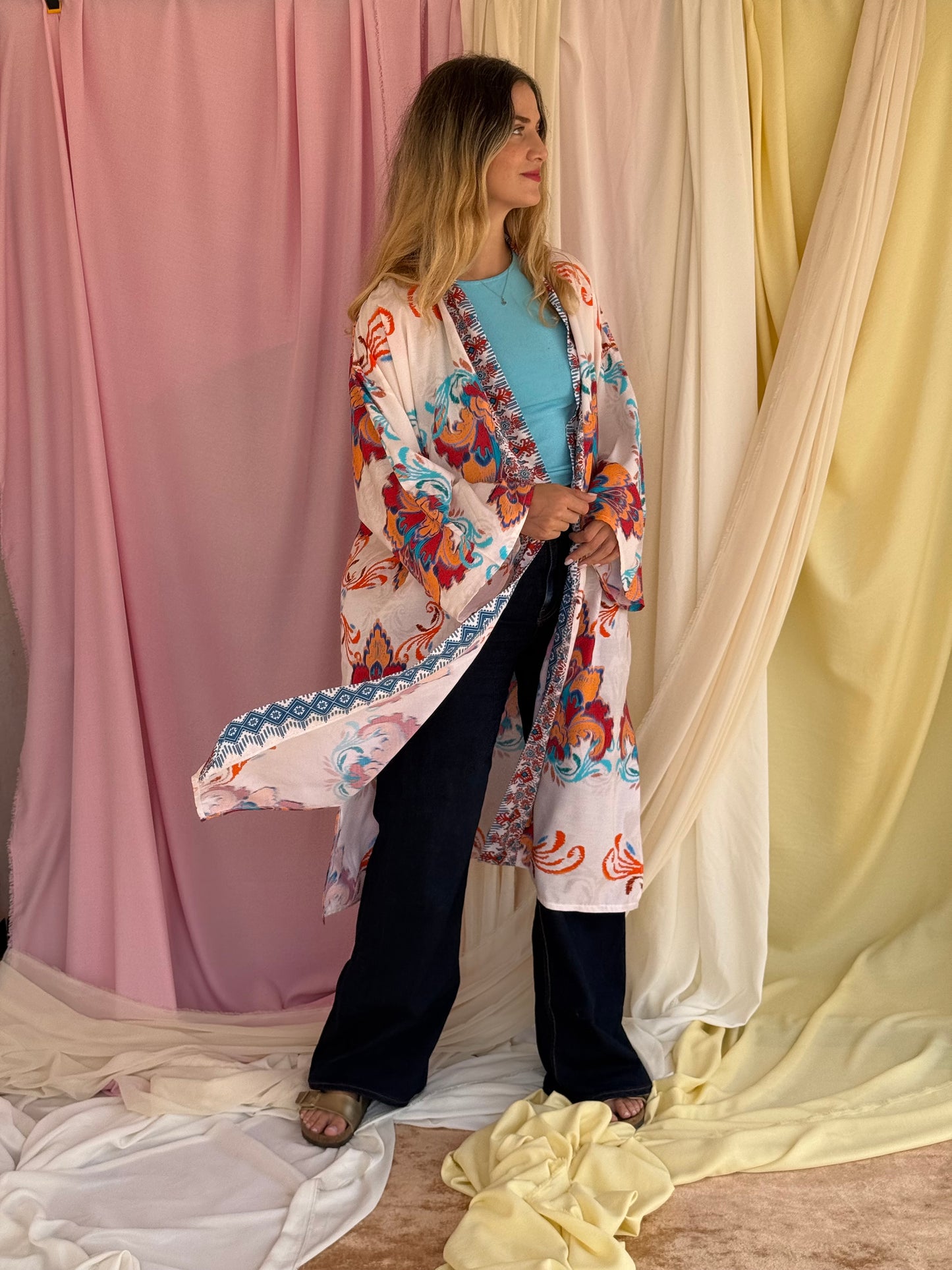 KIMONO FLORA LONG ROUGE