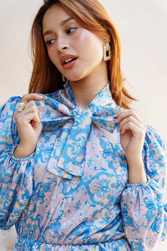 ROBE COL CRAVATE BLEU